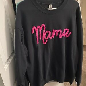 Gildan Black Crewneck Sweatshirt with Pink 'Mama' Chenille Script
